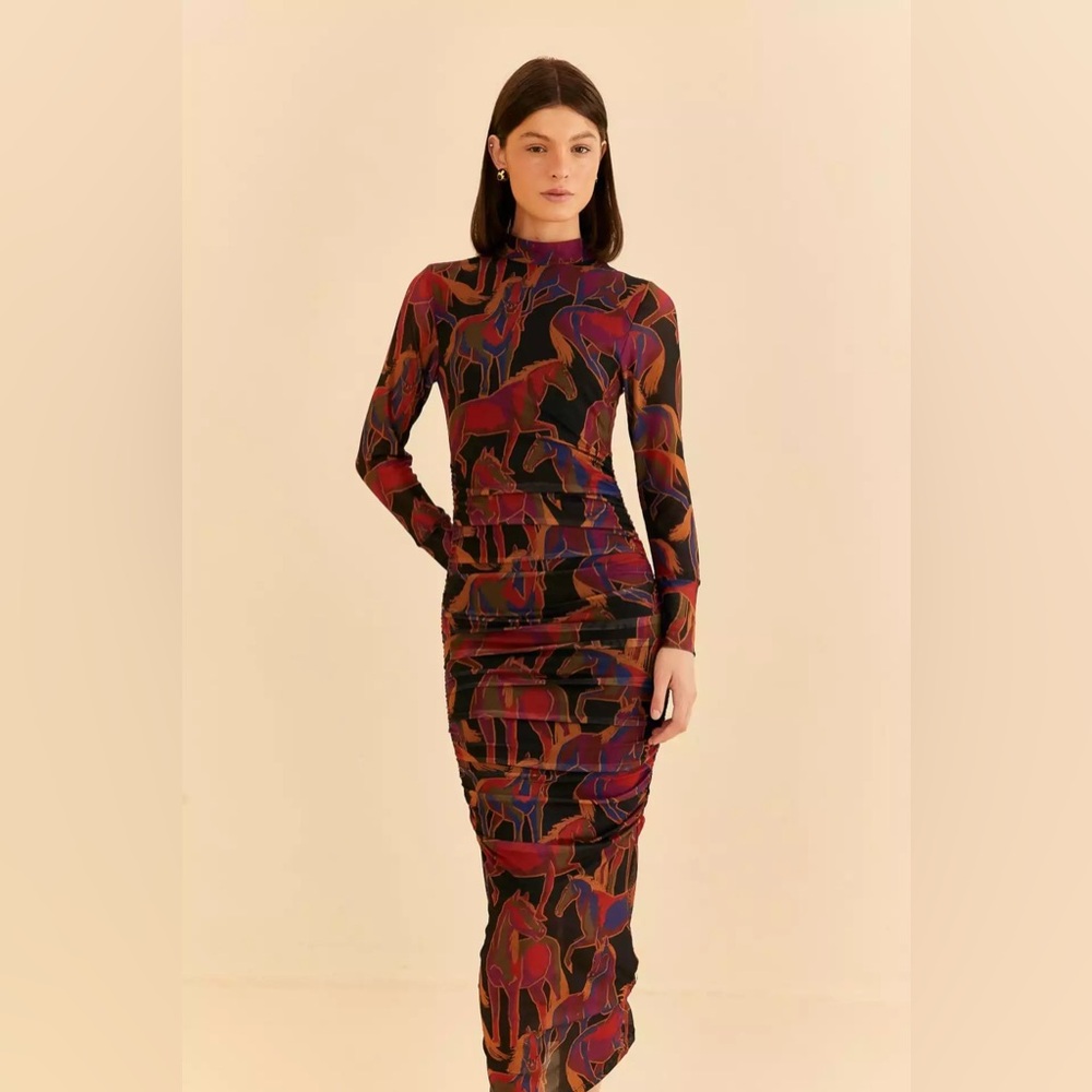 Farm Rio Black Wild Horses Tulle Midi Dress
